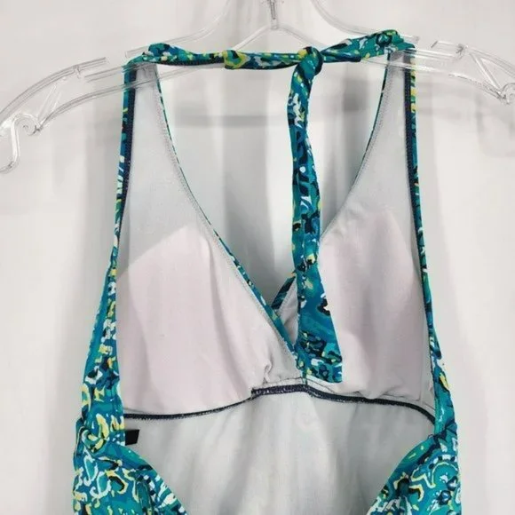Chaps 12 Blue Green Yellow Abstract Paisley Neck Tie Padded Tankini Swimsuit Top - Picture 5 of 11